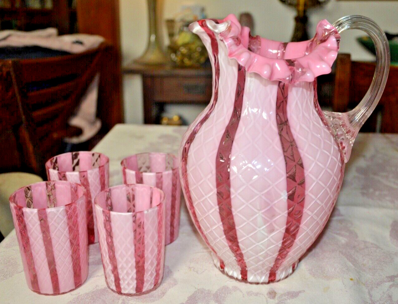 Stunning Vintage Fenton Pink Cranberry/White art Glass  Water Set