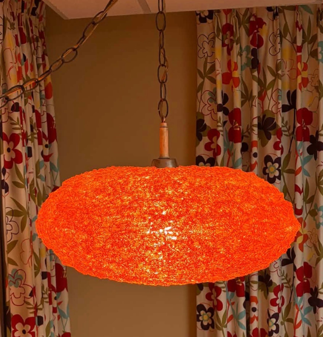 Rare ~ LG MCM Spun Lucite ORANGE FLYING SAUCER Spaghetti Swag Ceiling Lamp Light