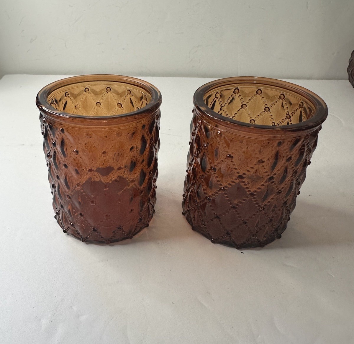 Amber Glass Votive Candle Holders Diamond Pattern Set Of 2