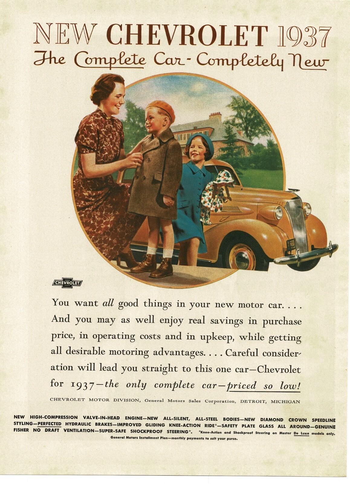 1937 Chevrolet Master Deluxe Yellow 4-door Sedan Vintage Ad mother and children