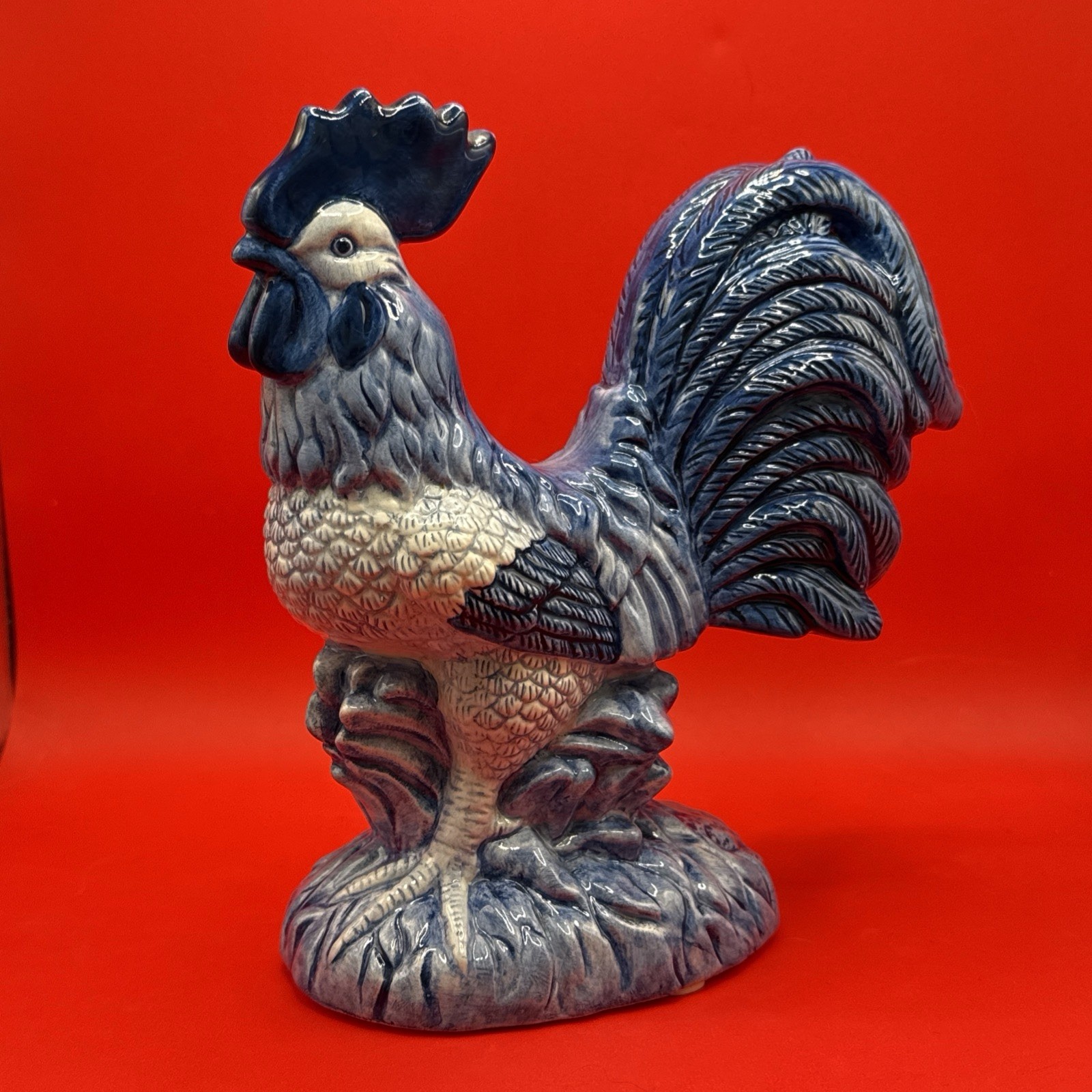 Blue Sky Clayworks Ceramic Rooster Chicken Figurine, Blue & White Vintage 2000