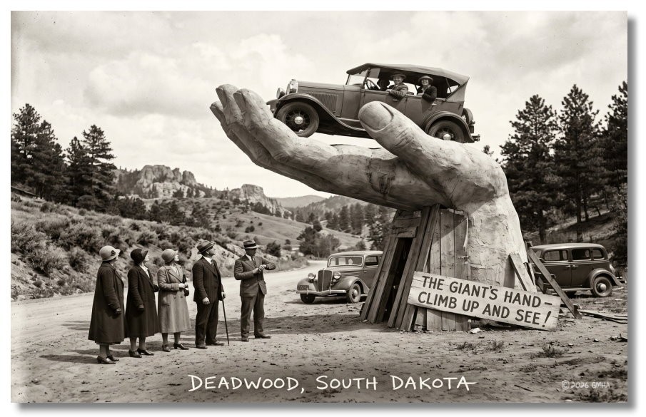 Vintage‑STYLE NEW ART 1930\'s RPPC-THE GIANTS HAND WITH CAR-DEADWOOD SD-FAUX