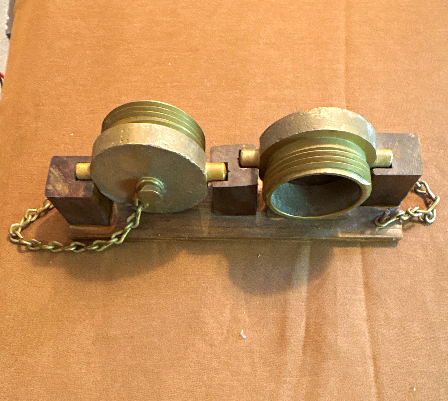 Vintage Joseph G pollard Caps/Plugs w/ Chains on Wood Holder, Pair (2 pcs) Vintage Joseph G pollard Caps/Plugs w/ Chains on Wood Holder, Pair (2 pcs)