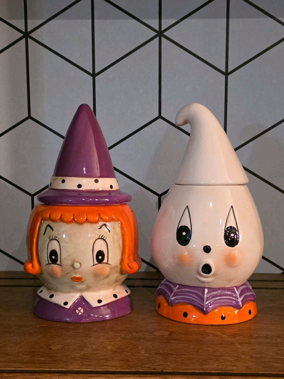 Johanna Parker Transpac Set Of 2 Halloween Ghost Gus & Witch Canisters Jars RARE