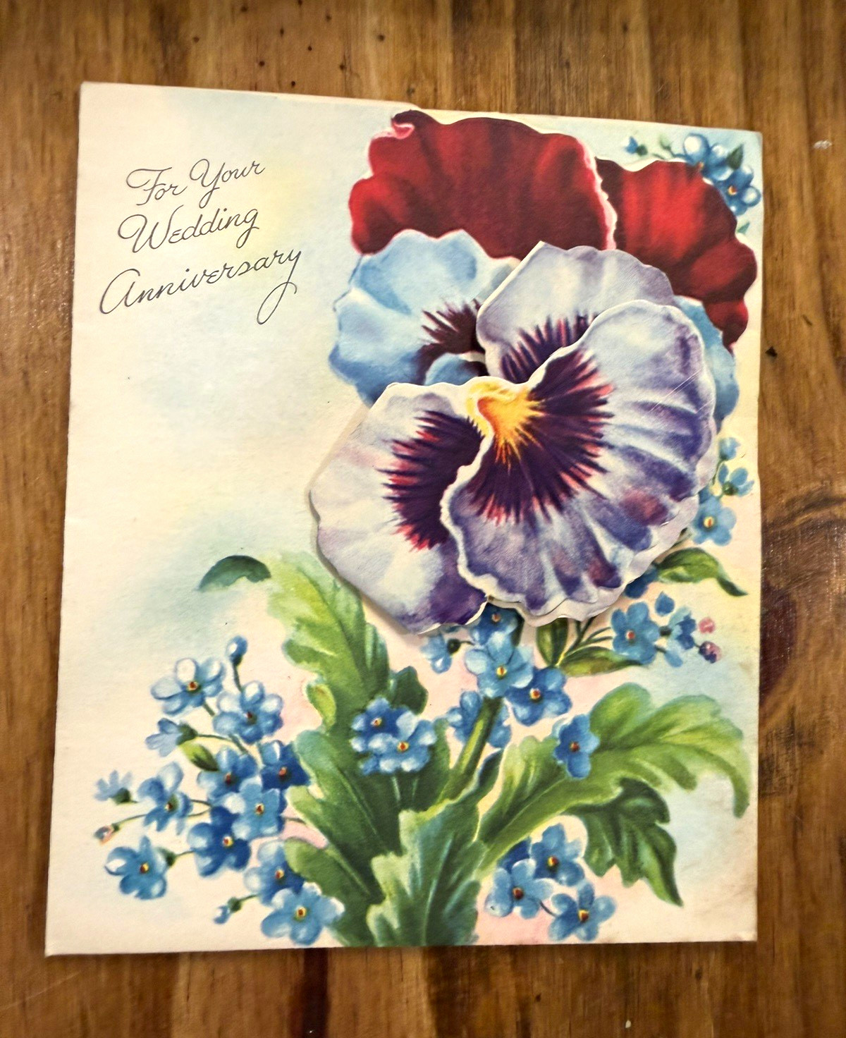 Vintage 1940s Pretty Petals Pop Up Anniversary Greeting Card Purple Pansies