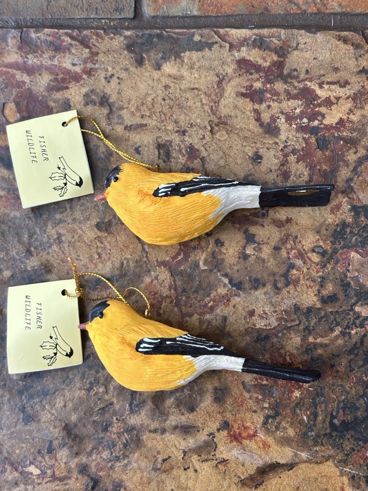 NWT Set of 2 Fisher Wildlife Hand Painted Realistic Yellow Bird Ornaments
