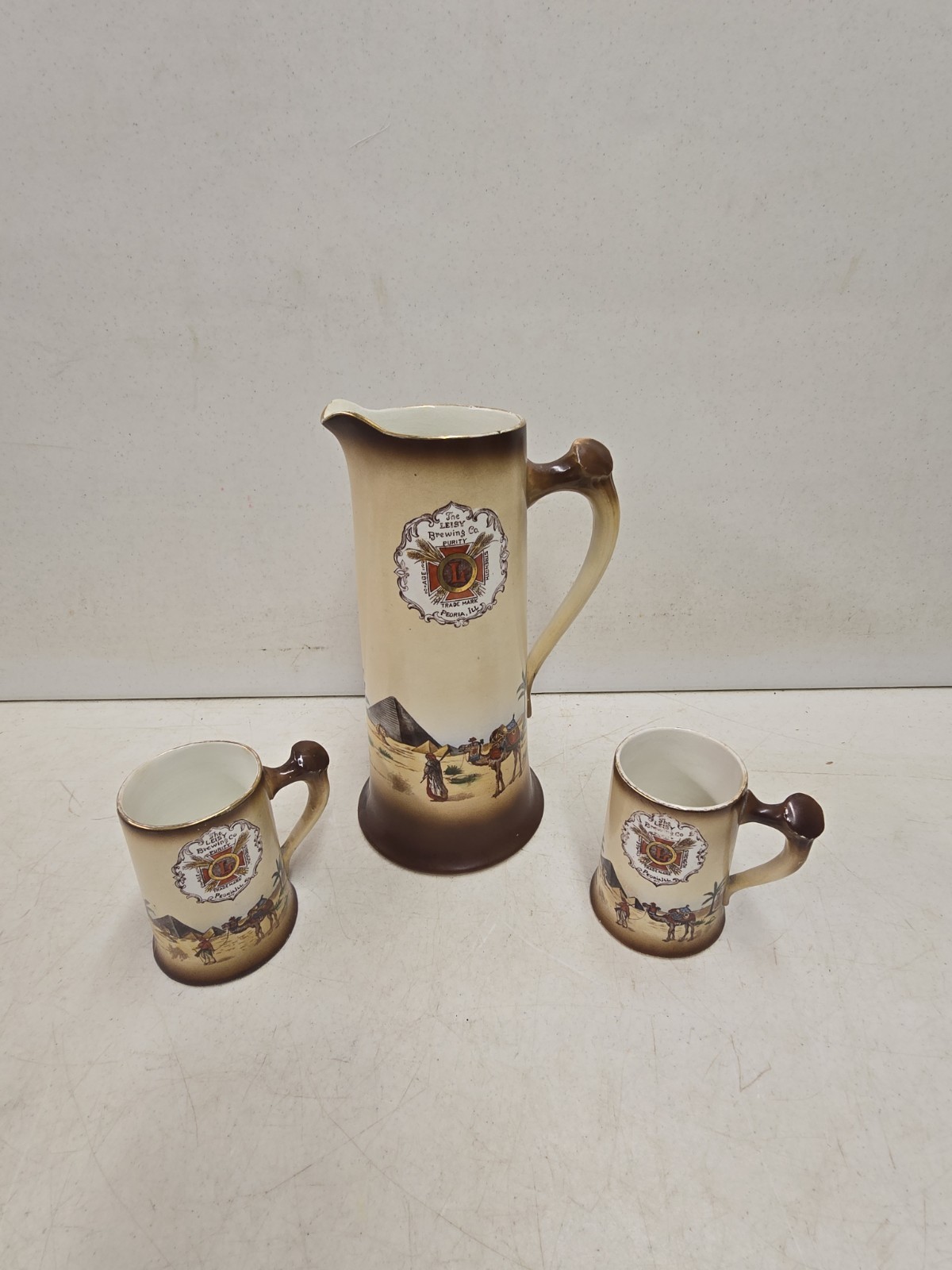 Antique Pre-Pro Leisy Brewing Co Peoria Illinois Pitcher & Tankard Mug Set Of 3 Antique Pre-Pro Leisy Brewing Co Peoria Illinois Pitcher & Tankard Mug Set Of 3