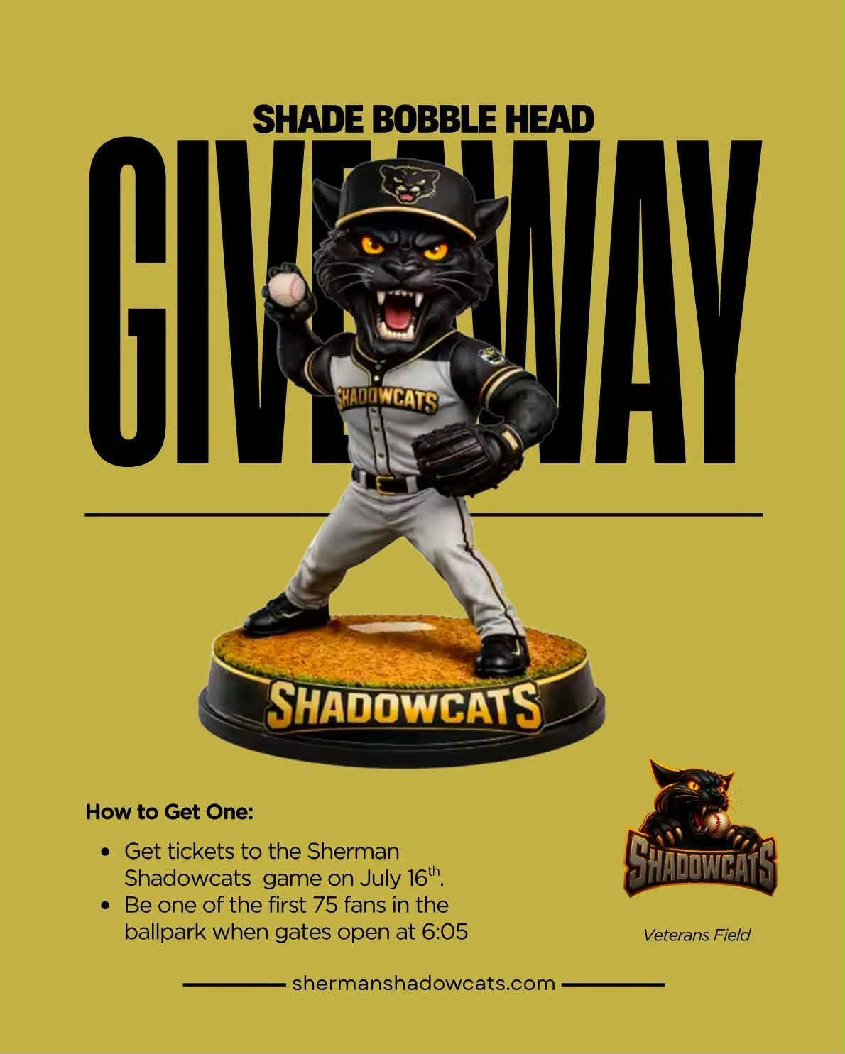 Sherman ShadowCats Bobblehead. Original Mascot SGA Bobblehead 7/16/26 Rare