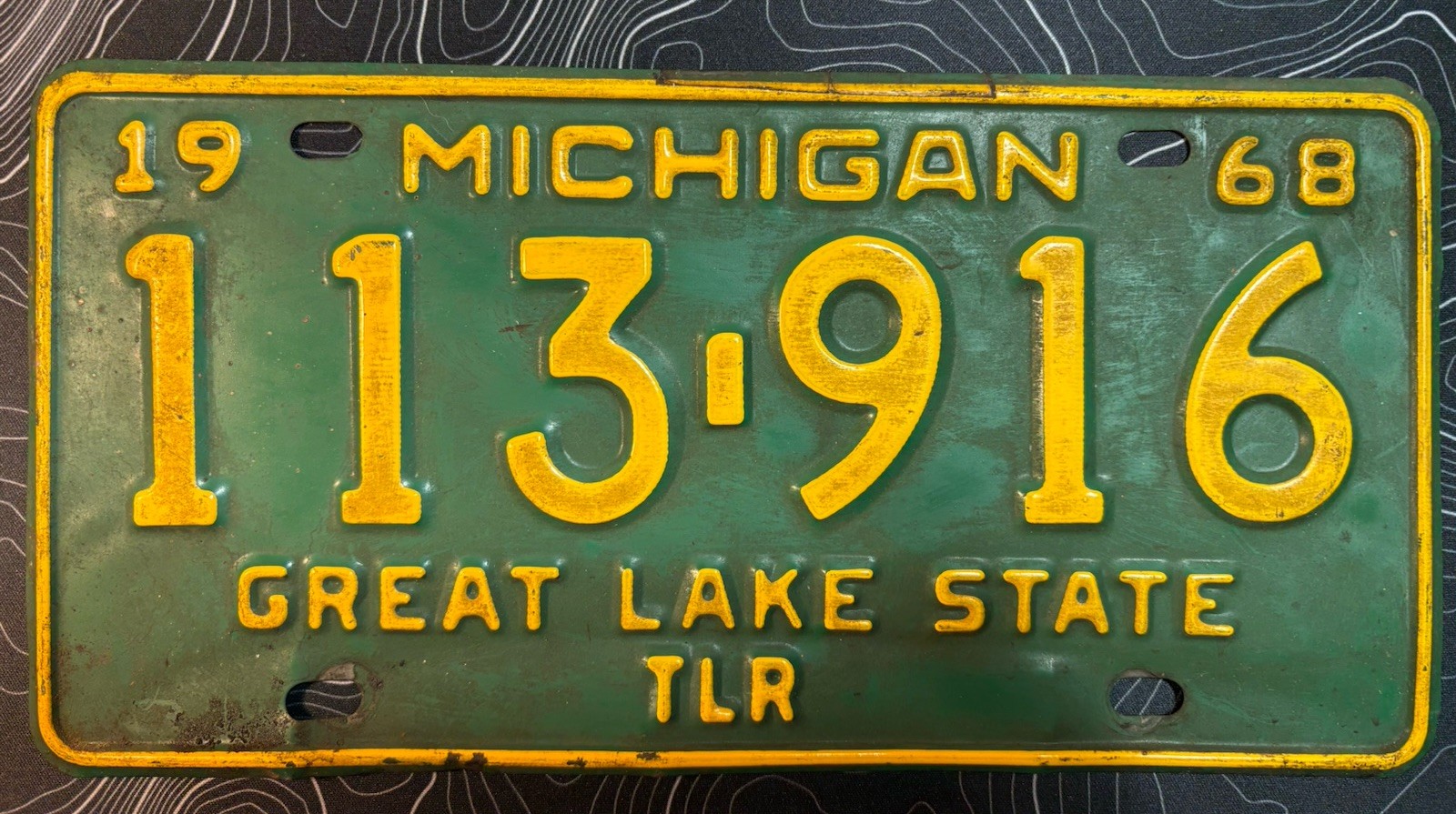 Vintage 1968 Michigan Green/Yellow License Plate 113-916 TLR Man Cave/Garage Art