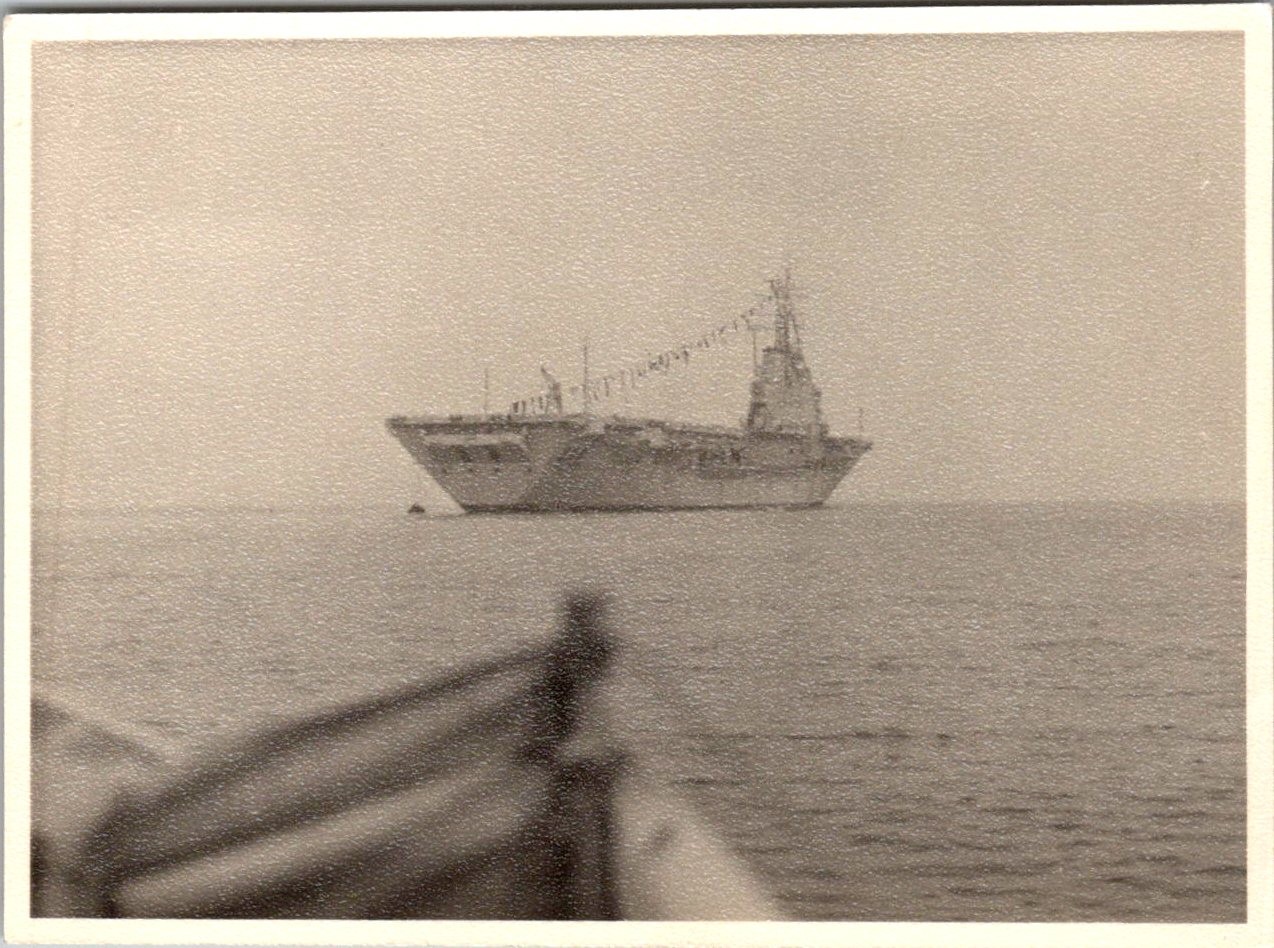 Vtg B&W Snapshot Aircraft Carrier Warship Naval Military Vessel At Sea 1950s