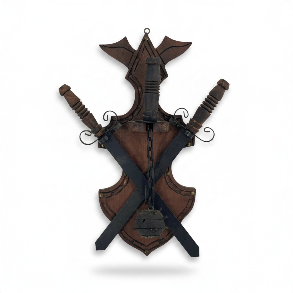 Vintage Medieval Style Wall Plaque Wood Shield Crossed Swords Mace Decor
