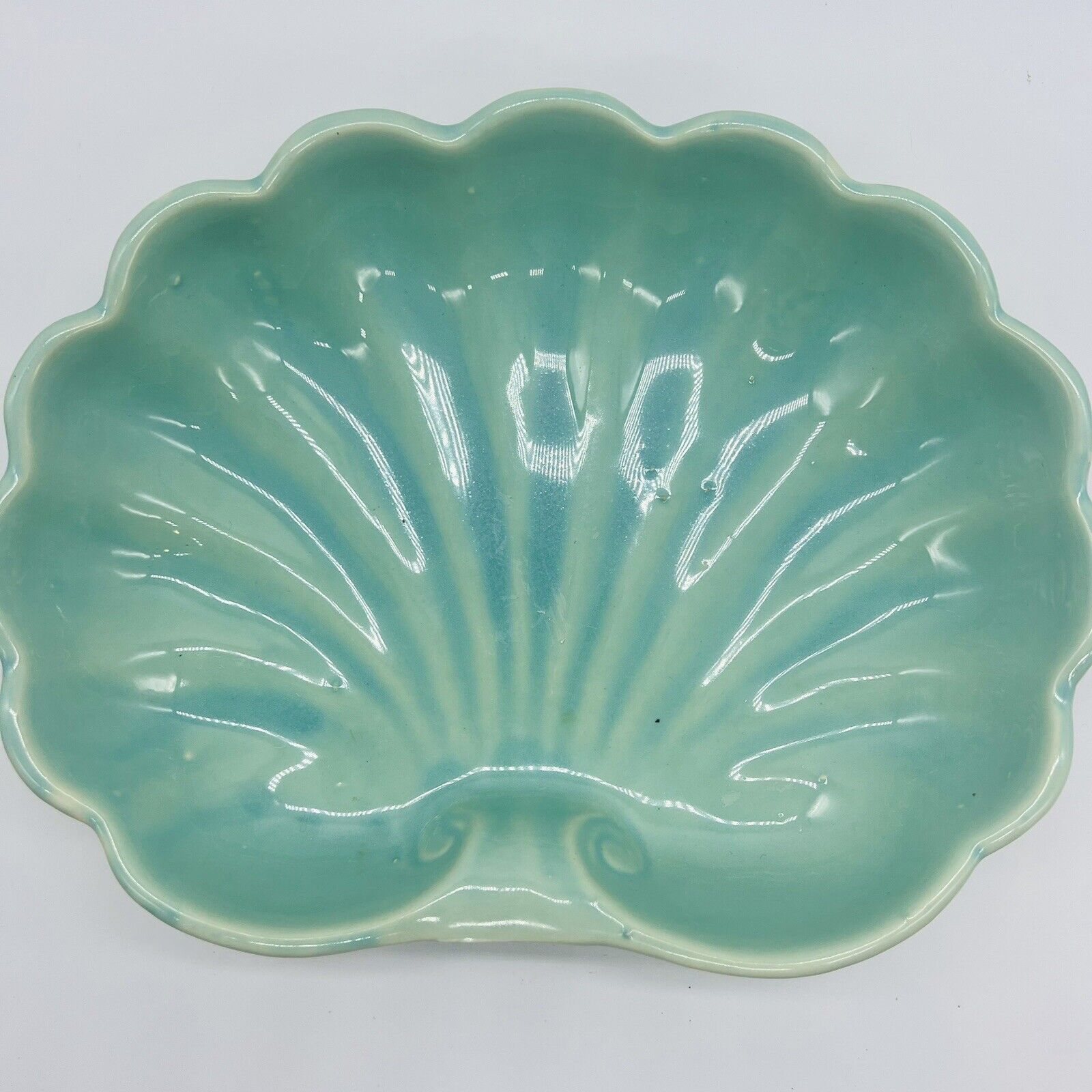 Art Deco Pottery Scallop Shell Bowl Sea Foam Green Turquoise USA Large Summer