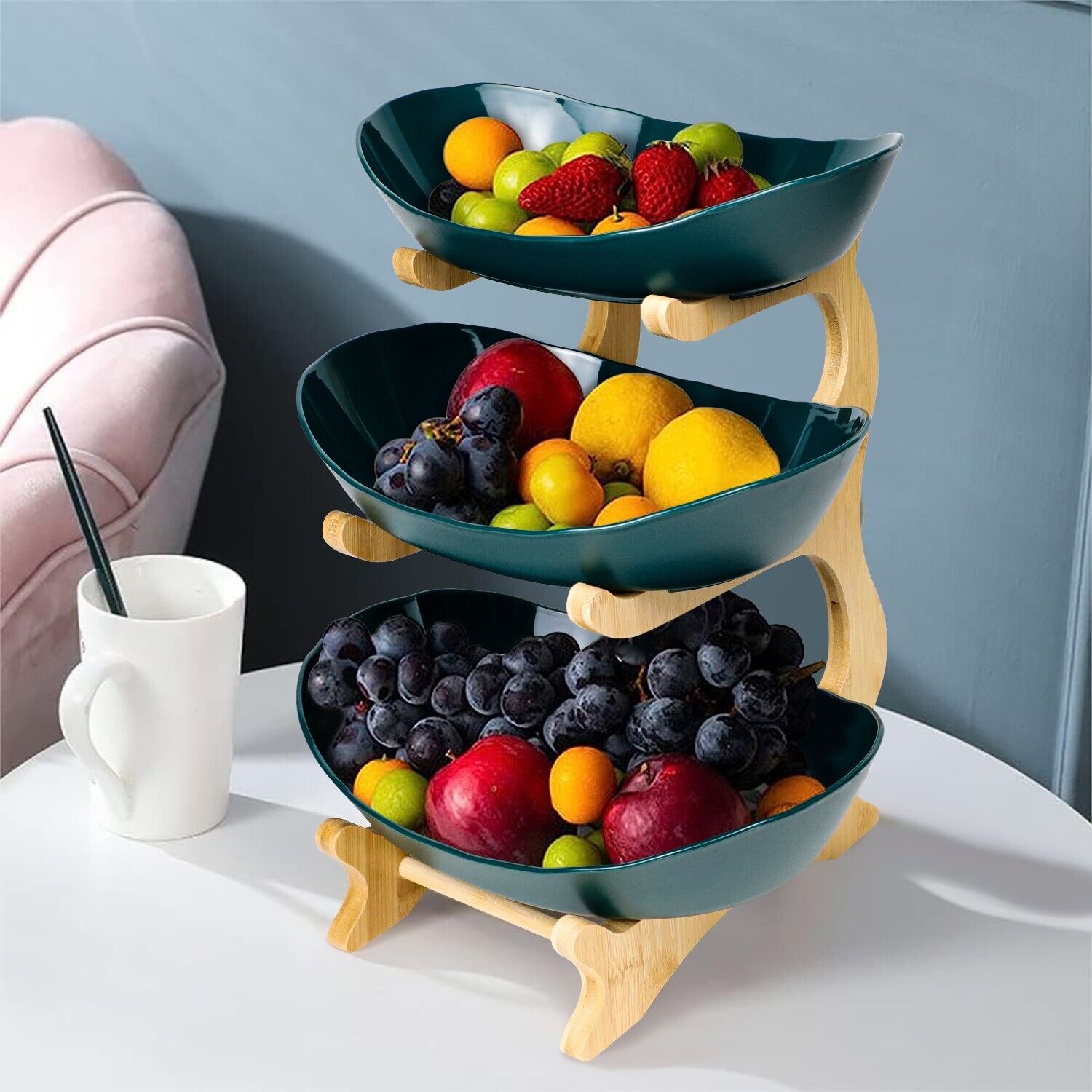 Table Plates 3 Tier  Dinnerware Set with Wooden Fruit Bowl plastic  and Trays