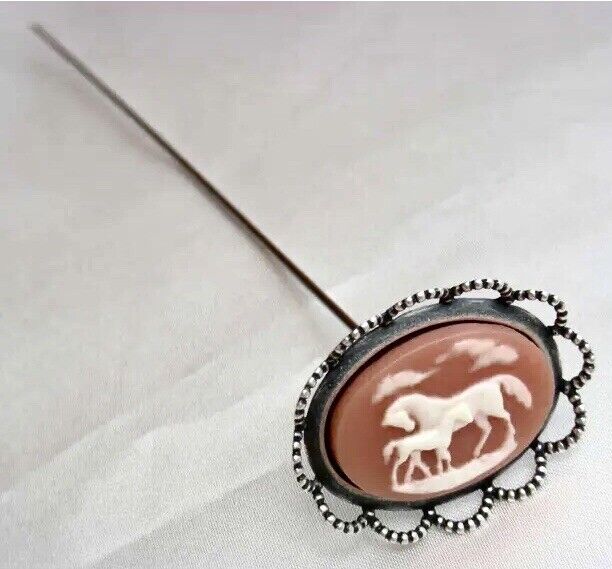 HATPIN with WHITE COLT & HORSE MARE on TAN CAMEO  - Antique Silver Finish 8 inch
