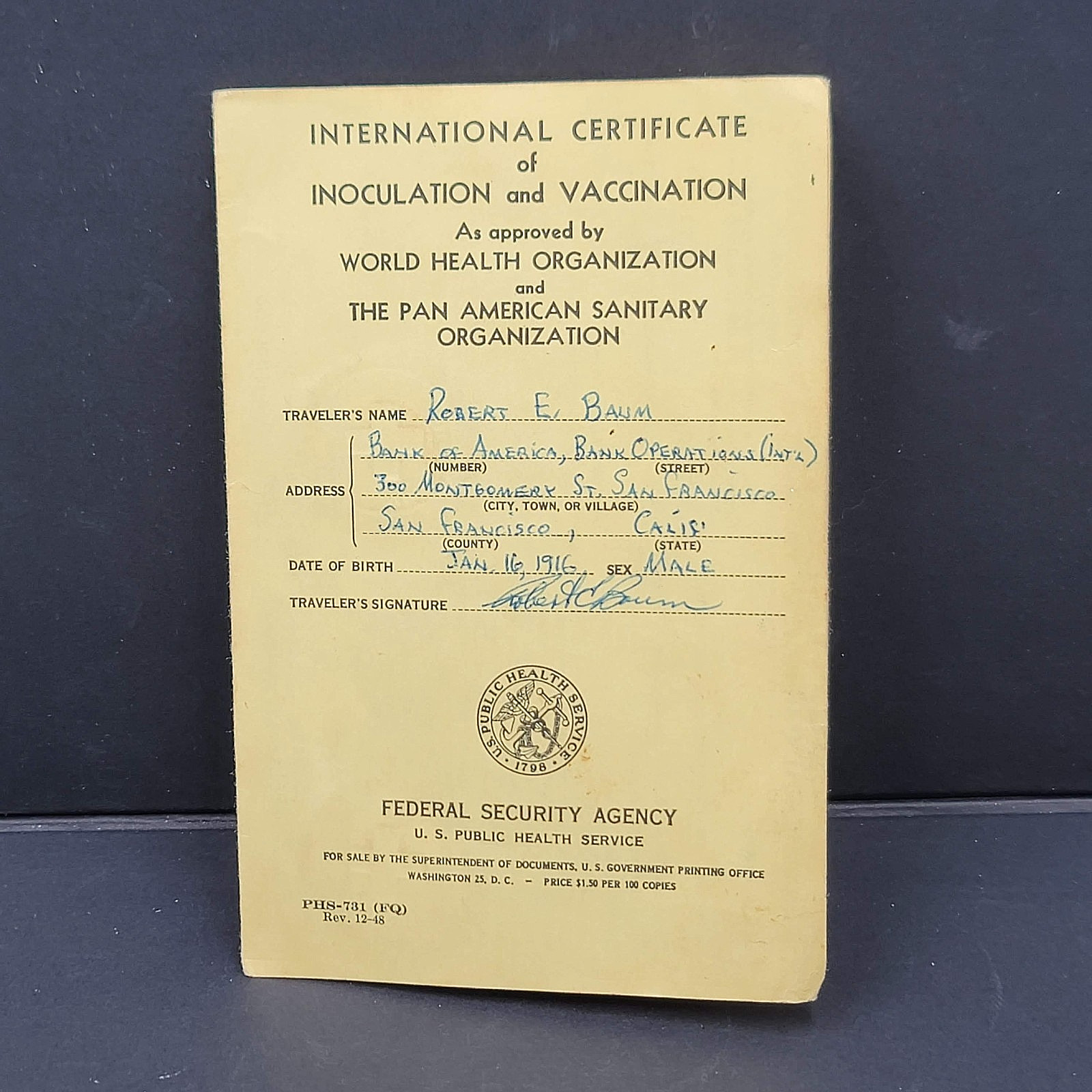 Vintage Ephemera 1953 International Certificate of Inoculation and Vaccine