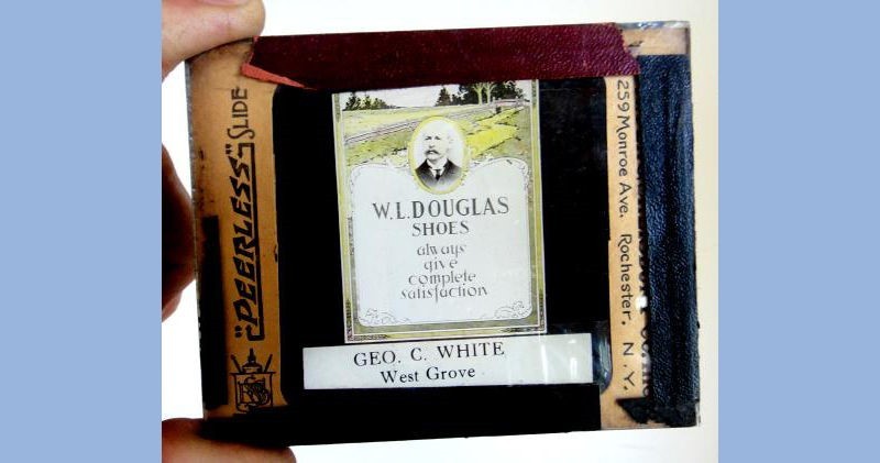 antique MAGIC LANTERN glass MOVIE THEATER SLIDE Geo WHITE SHOE STORE west grove