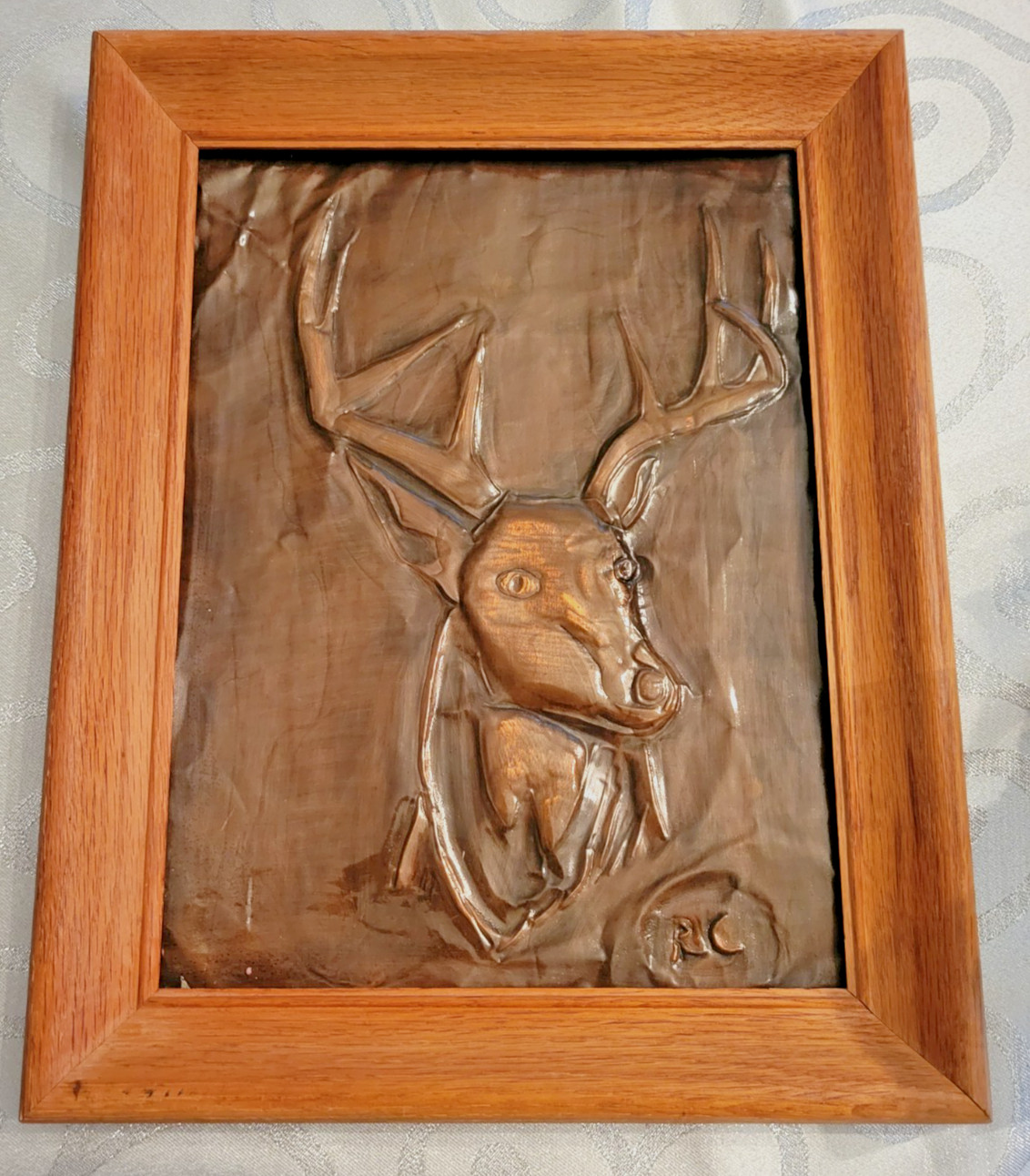 Vintage Art Copper Relief  Deer Artist Signed  in Wooden Frame