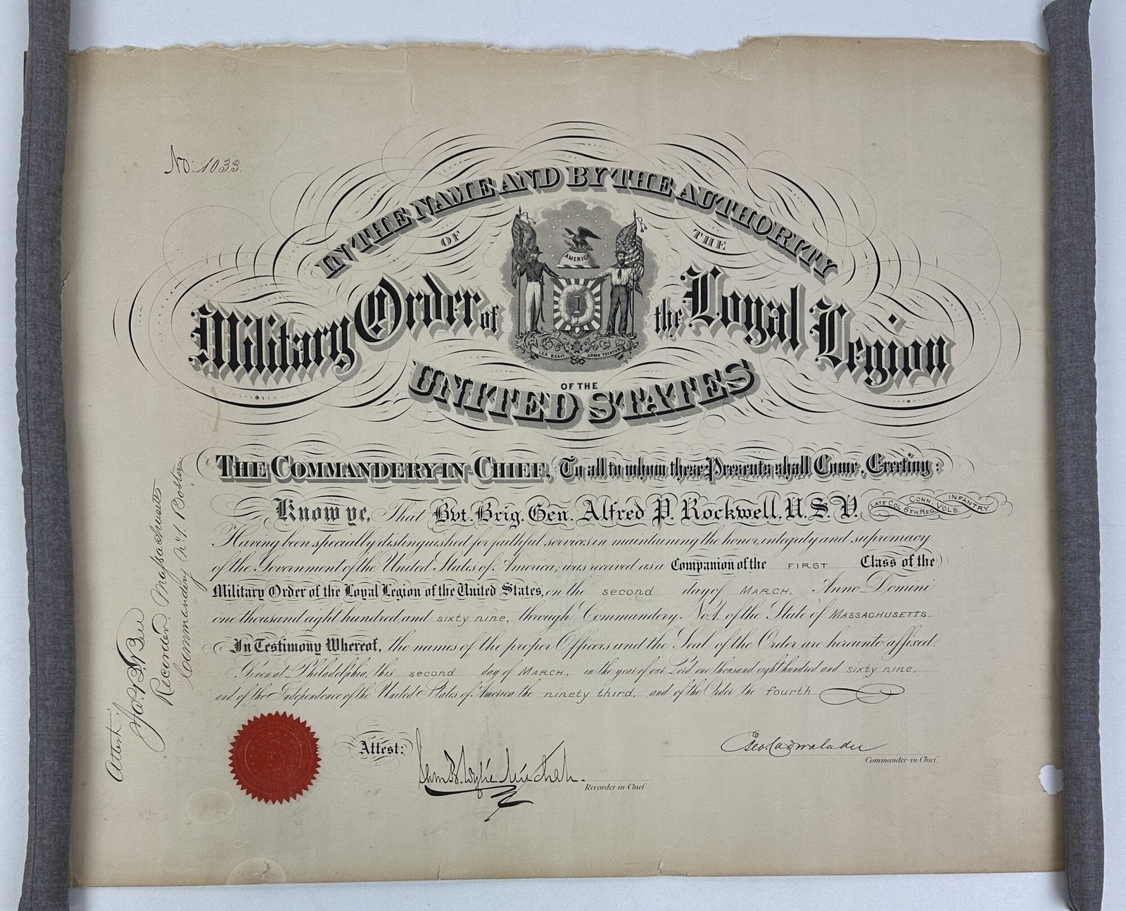 George Cadwalader / ORIGINAL MEMBERSHIP CERTIFICATE MILITARY ORDER Signed 1869