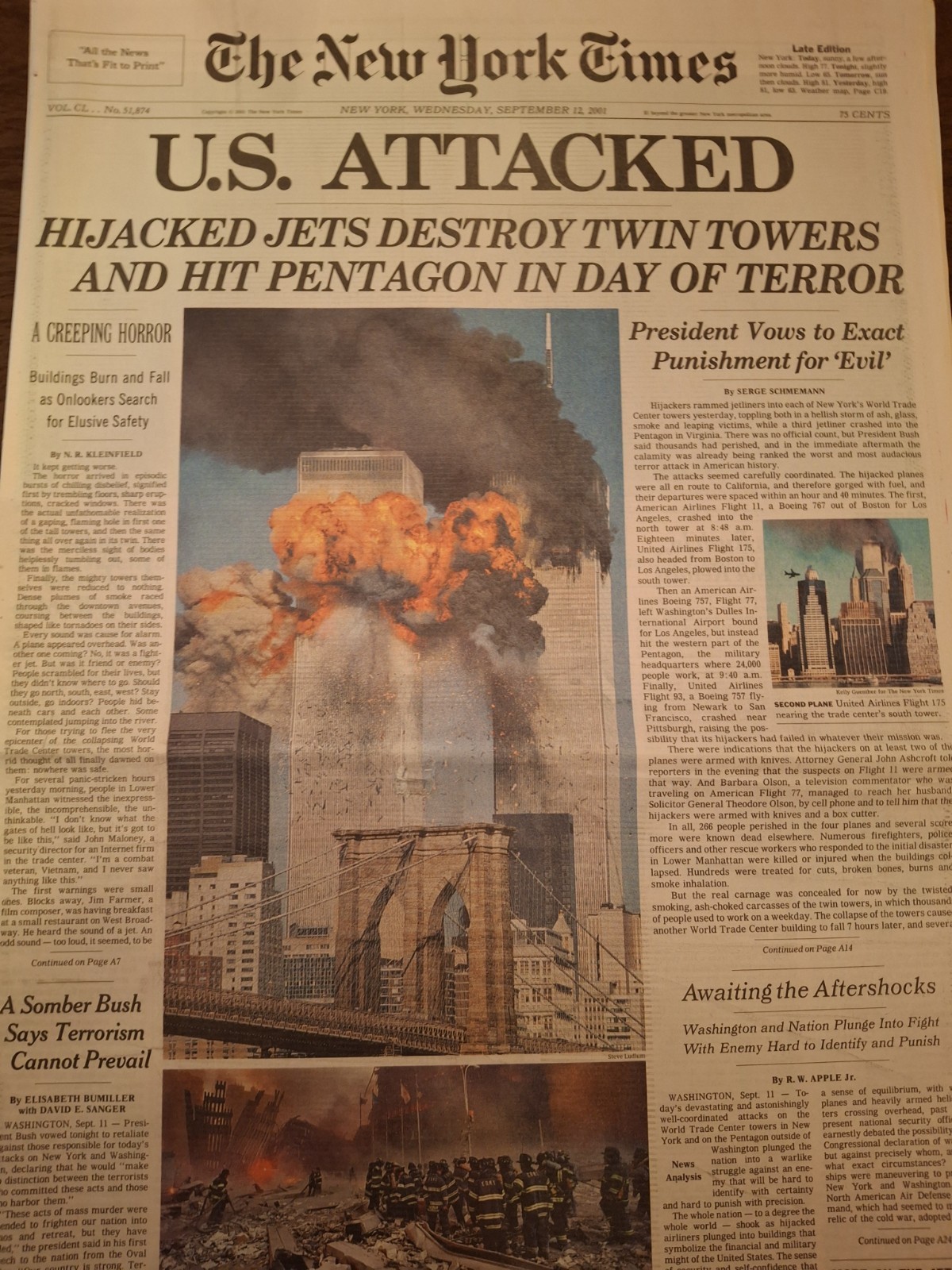Newspapers-9/11-U.S. ATTACKED, N Y TIMES CITY EDITION, TWIN TOWERS DESTROYED... Newspapers-9/11-U.S. ATTACKED, N Y TIMES CITY EDITION, TWIN TOWERS DESTROYED...