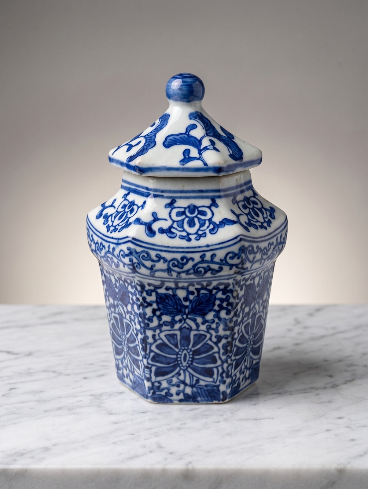 Vintage Blue White Chinoiserie Hexagonal Ginger Jar Lidded Temple Urn Floral
