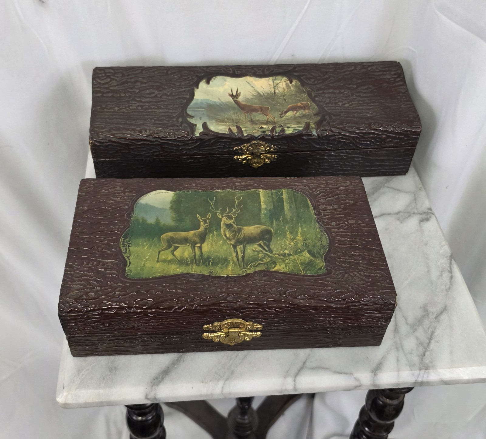 Two Antique Pressed Celluloid Boxes Buck Deer Stag Cabin Western Decor Frontier Two Antique Pressed Celluloid Boxes Buck Deer Stag Cabin Western Decor Frontier