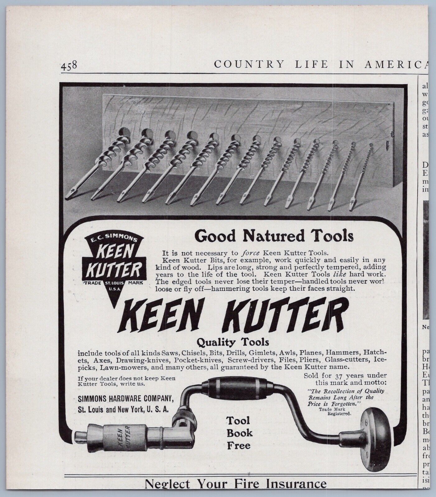 1906 Simmons Hardware Co Ad Keen Kutter Tool Hand Drill Bits Wood Working