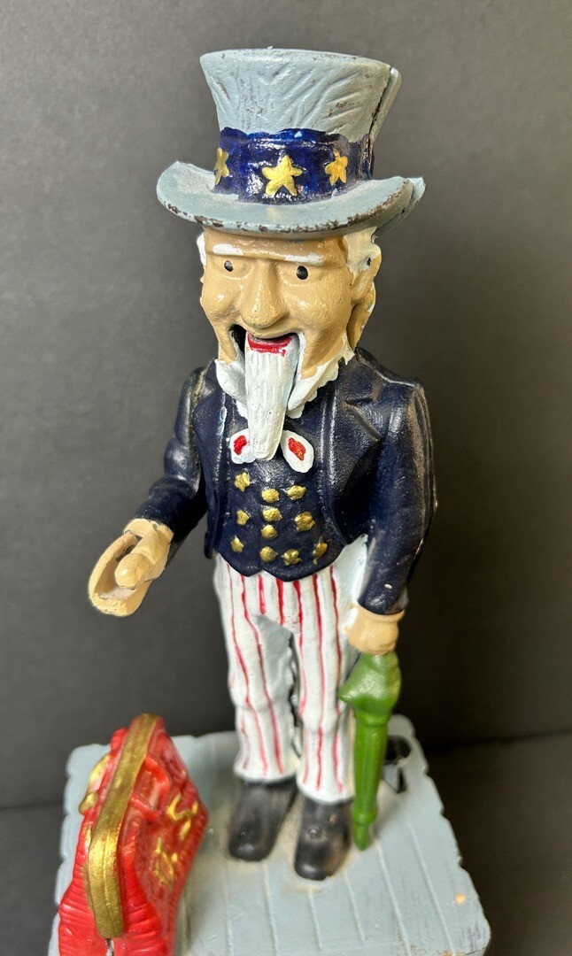 Vintage The Book Of Knowledge Cast Iron Mechanical Uncle Sam Coin Bank - Works