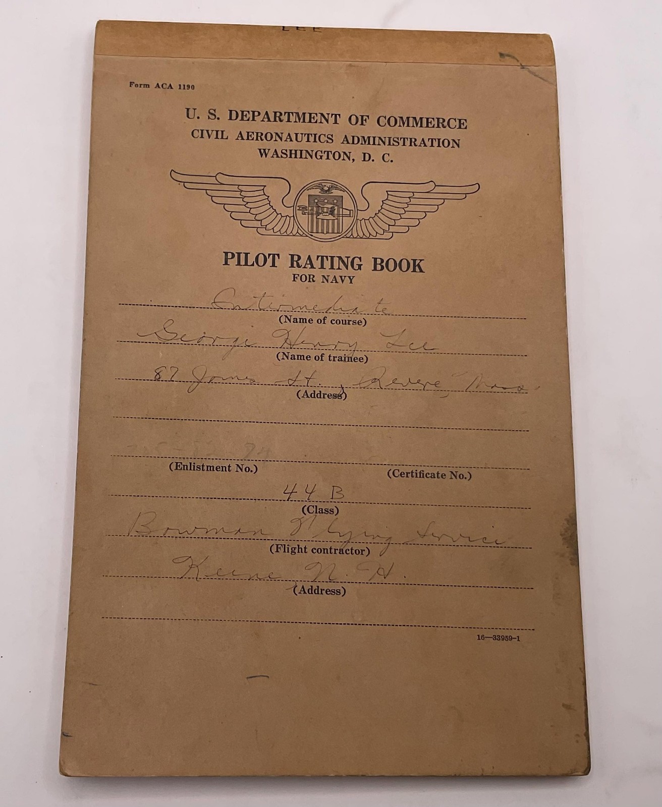 WWII US Navy Pilot Rating Book 1943 Intermediate Flight Log Piper J3 Keene NH