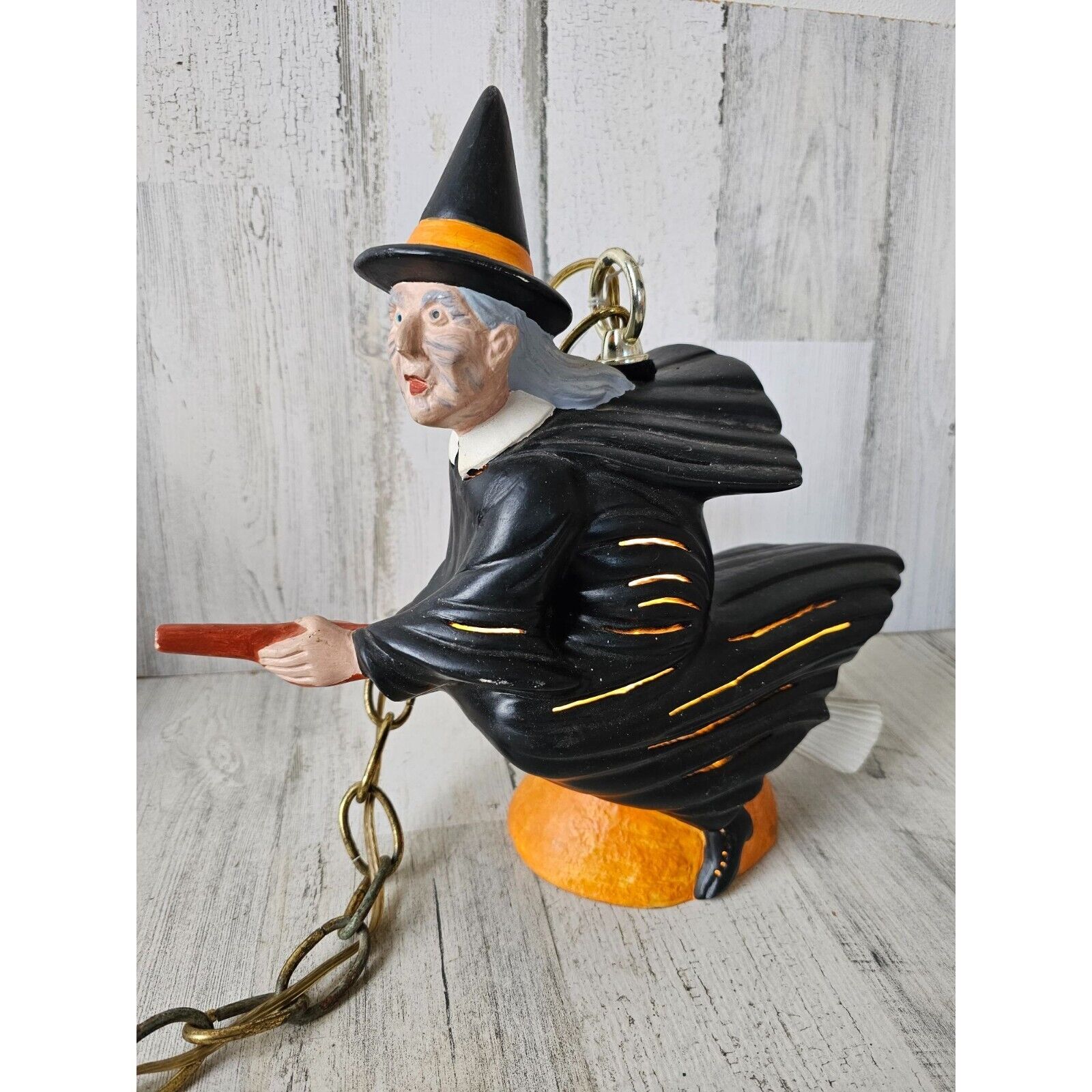 Vintage ceramic light up witch Halloween hanging unique broom decor