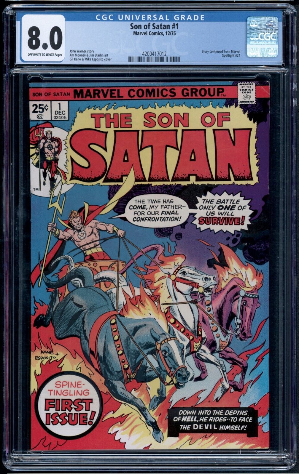 Son of Satan #1 - Marvel 1975 - CGC 8.0 - OW/W Pages -  Nice looking centered.