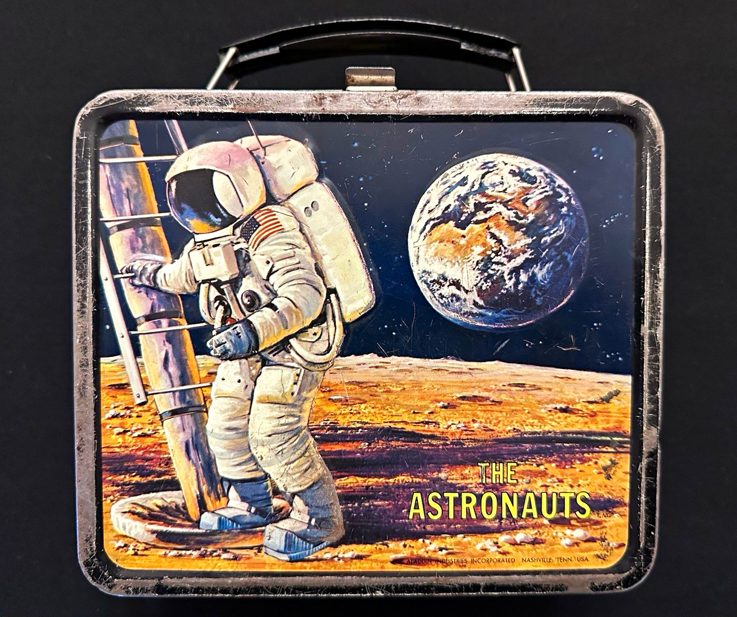 Vintage 1969 Aladdin The Astronauts Metal Lunch Box Apollo 11 NASA Moon Black