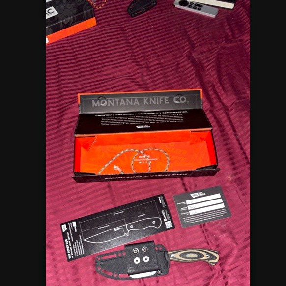 Montana Knife Co. Super Cub Drop Point Fixed Blade, G-10 Tan/Black, Lanyard