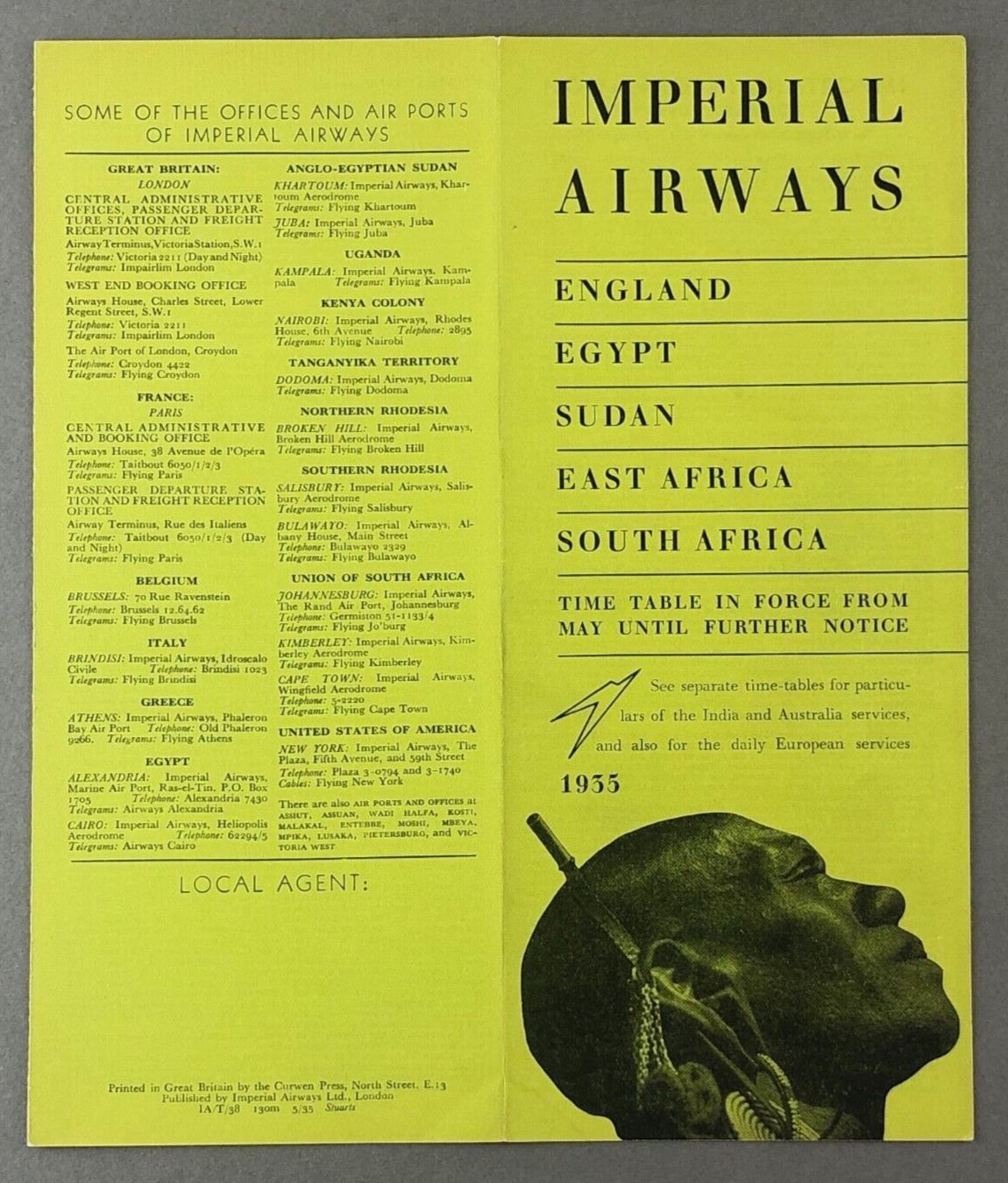 IMPERIAL AIRWAYS MAY 1935 AIRLINE TIMETABLE EGYPT SUDAN EAST SOUTH AFRICA ROUTE 