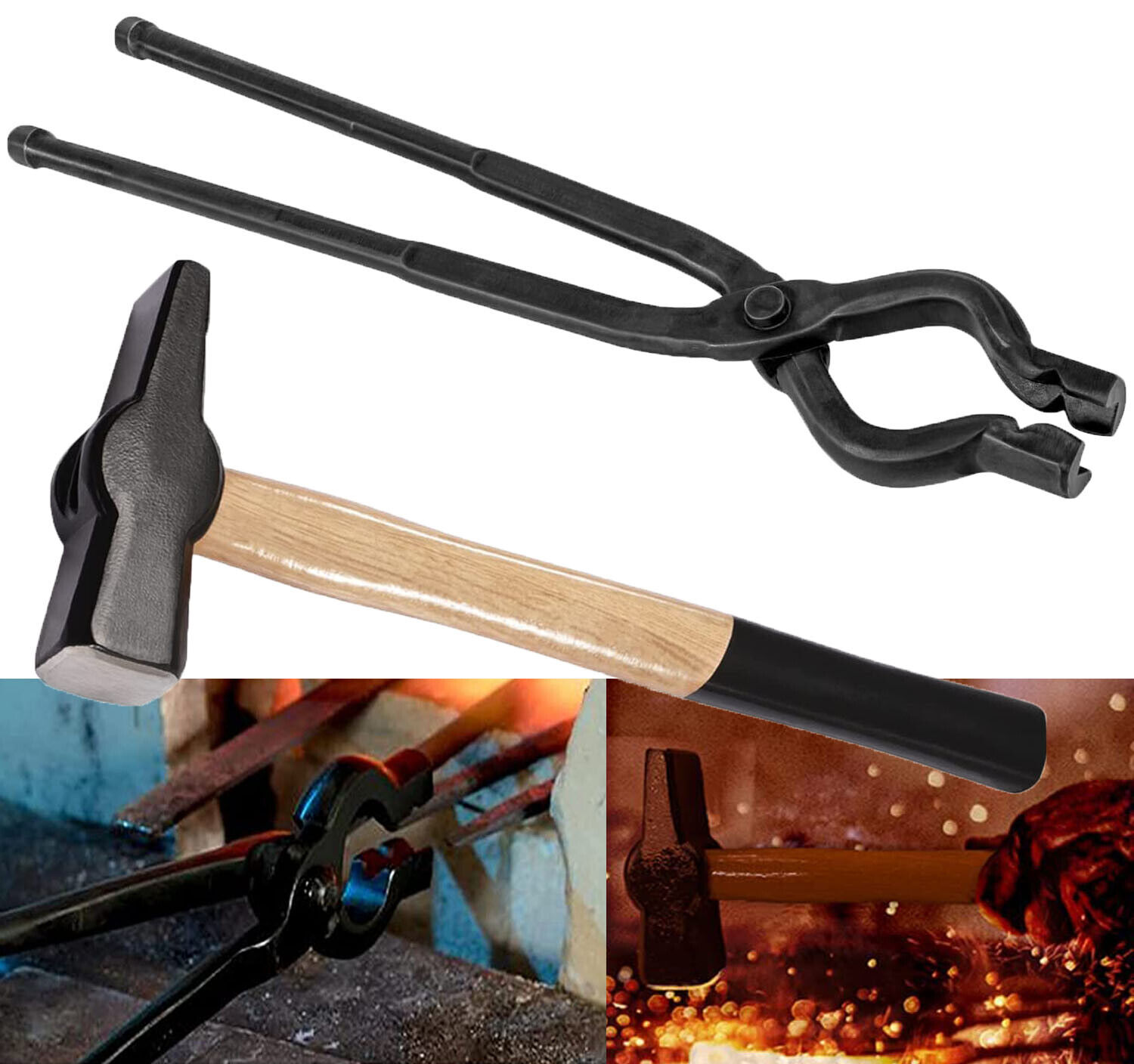 Blacksmith 17” V-Bit Bolt Tongs & 1.5KG (3.3LB) Hammer Kit Knifemaking Tools Set