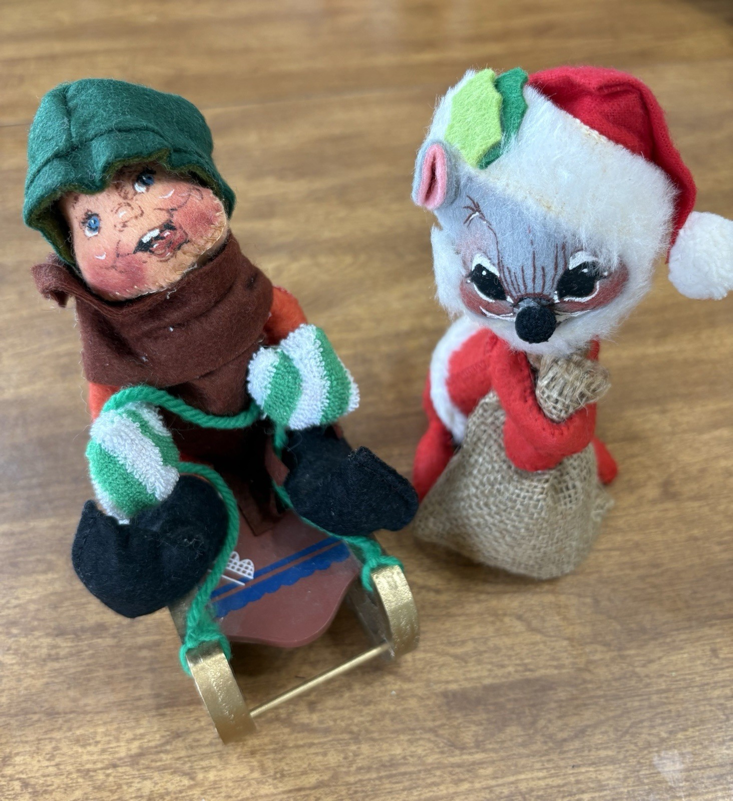 VTG Annalee Holiday Dolls Set Of 2 Boy On Sled 1987 And Mouse 1965 Made In USA