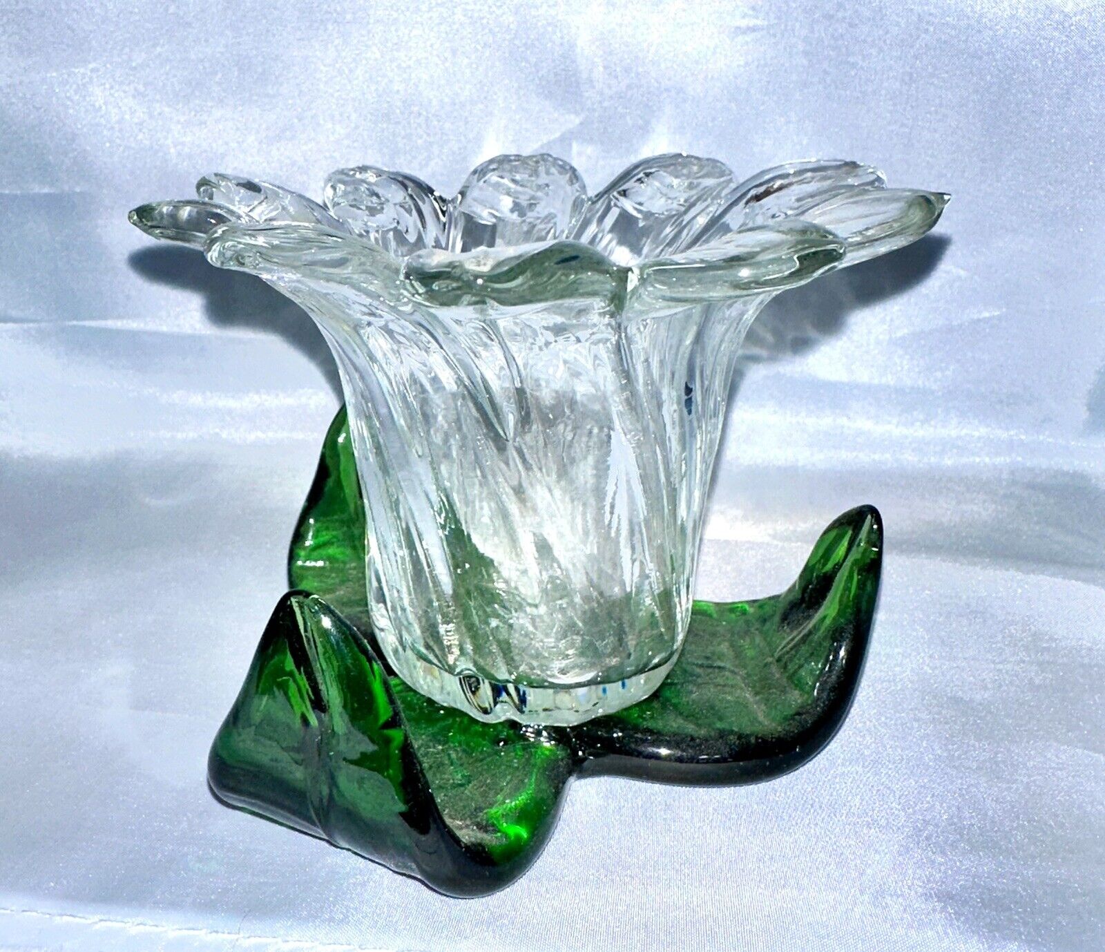 Clear and Green Glass Tulip Flower Shaped Votive Candle Holder