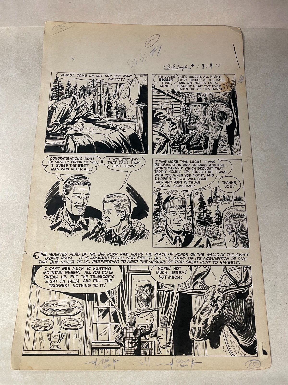 BOB SWIFT #1 original comic art 1951 FAWCETT BIG HORN HUNTING MOUNT RAM LAST PG