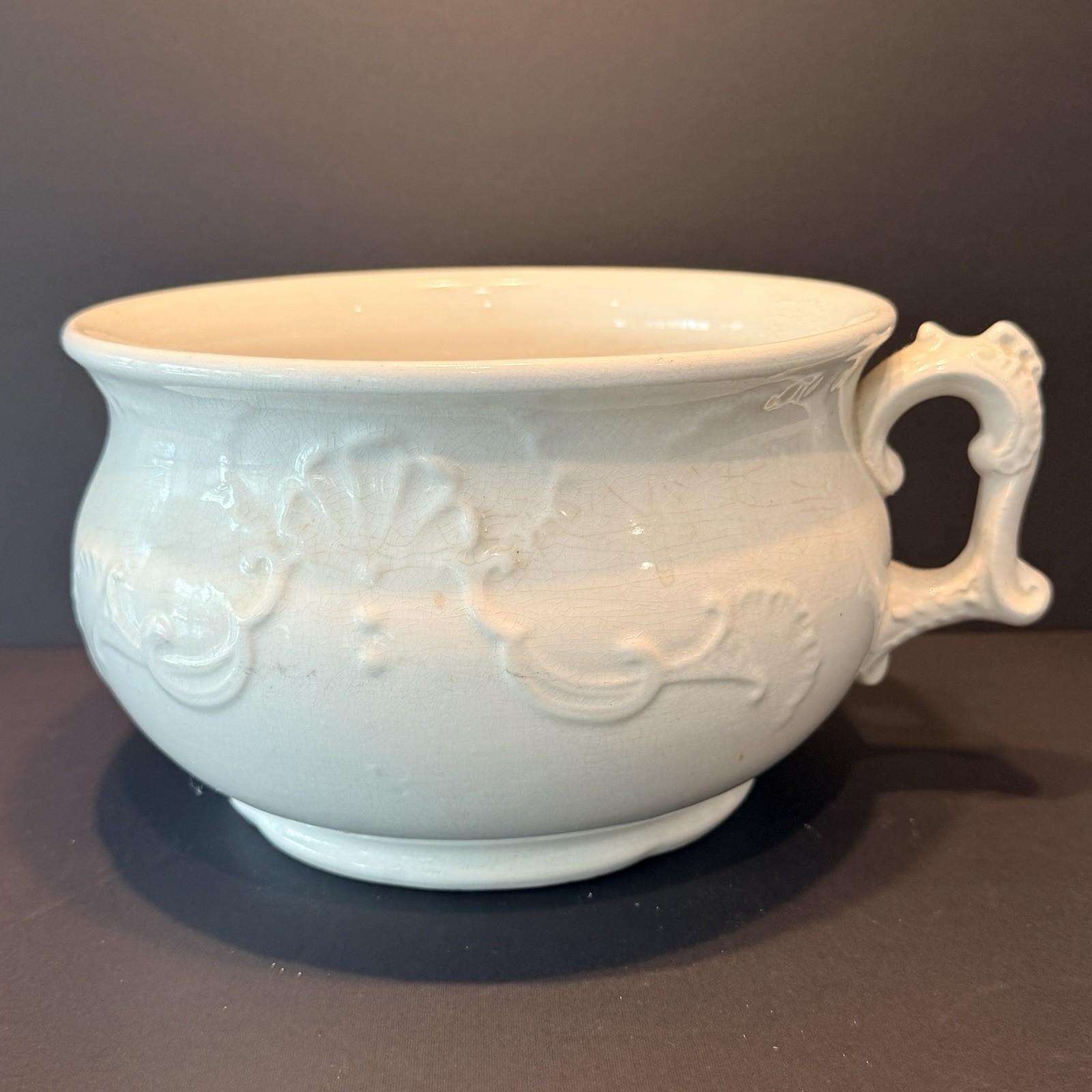 Antique C.P. Co Warranted Semi Porcelain Chamber Pot Embossed White Victorian