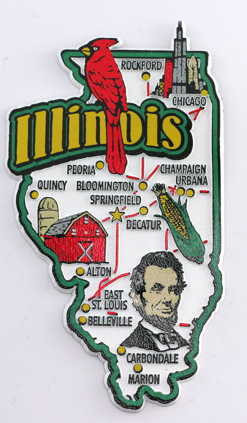 ILLINOIS STATE MAP AND LANDMARKS COLLAGE FRIDGE COLLECTIBLE SOUVENIR MAGNET