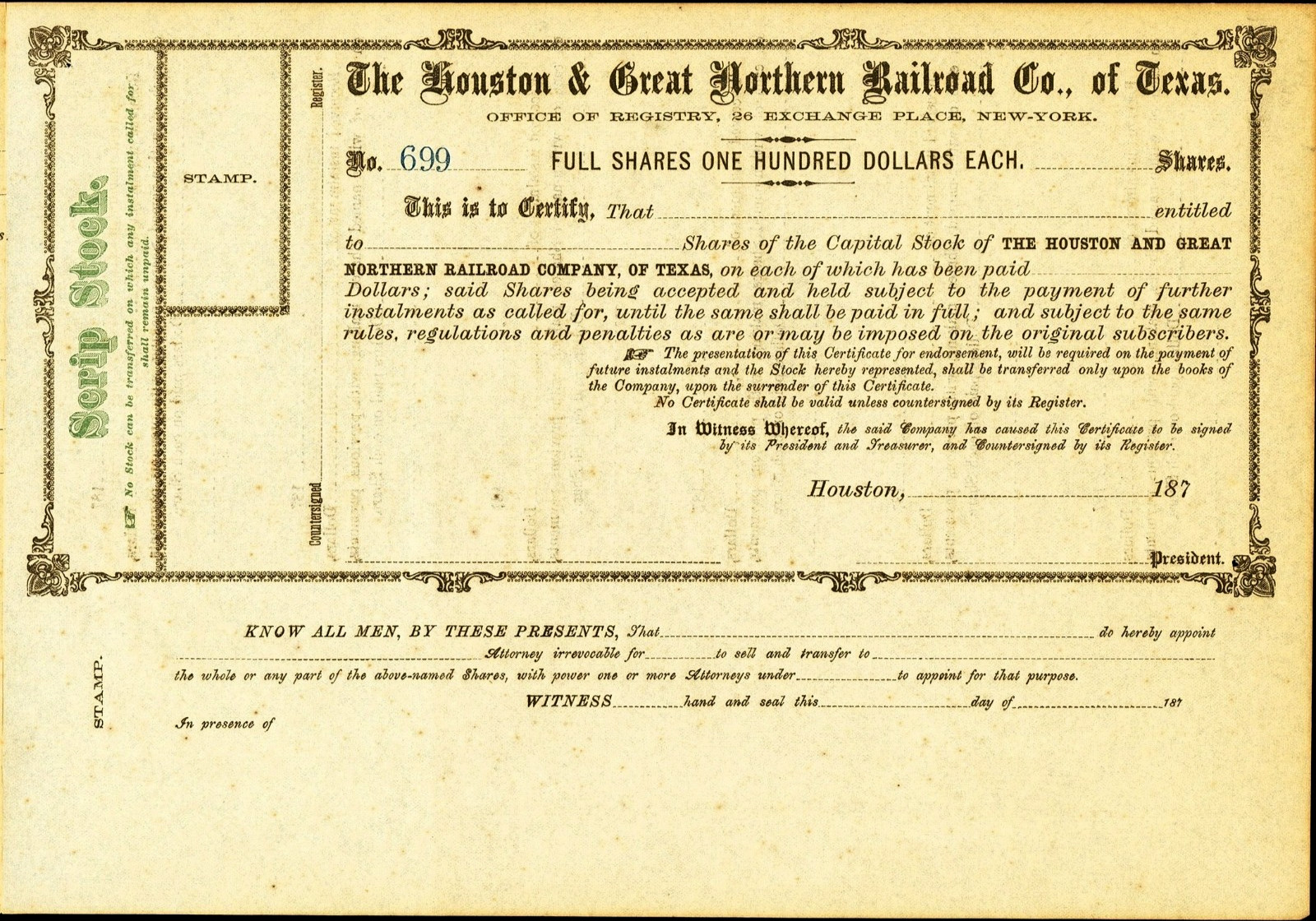 TX The HOUSTON & Southern Railroad Co. of Texas 1870s Scrip Stock