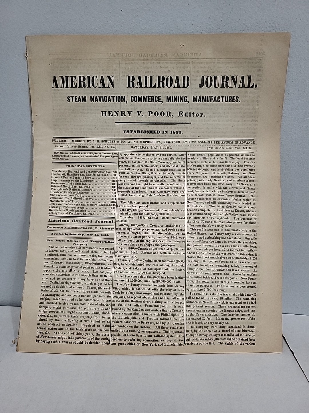 American Railroad Journal May 31, 1856, Henry V. Poor Editor Texas Cincinnati