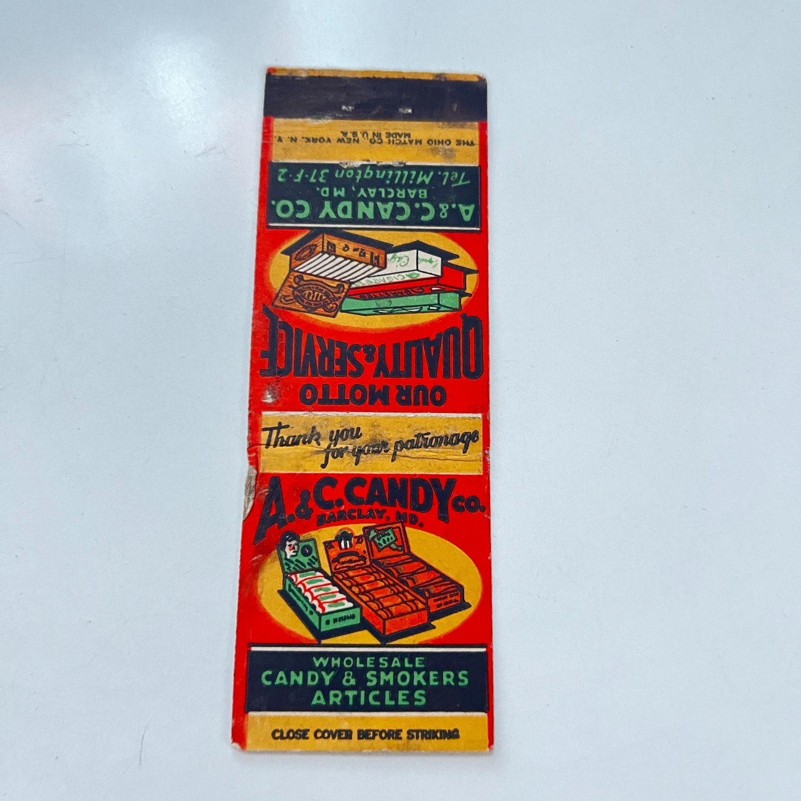 A. & C. Candy Co. Barclay MD Vintage Matchbook Cover TMB54-6