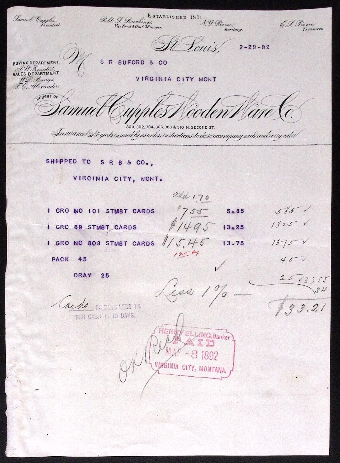 1892 Samuel Cupples Wooden Ware Co ST LOUIS MO Billhead