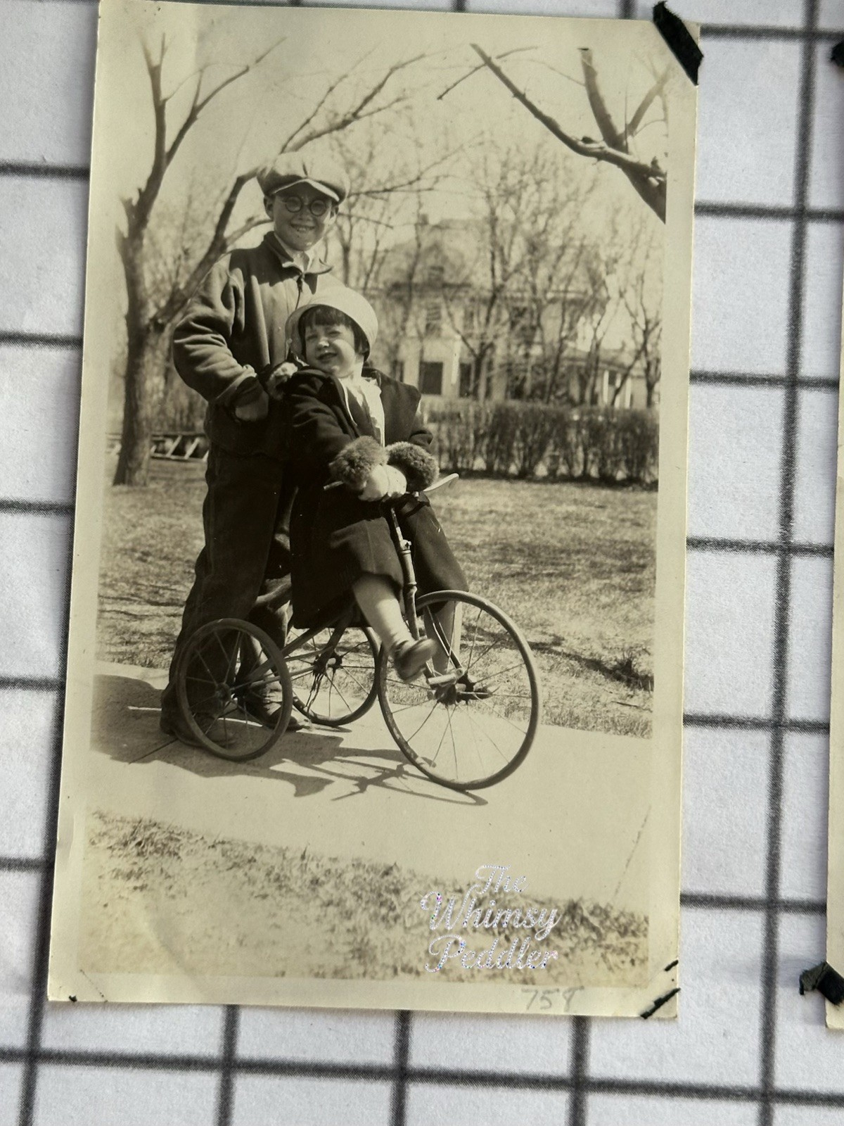 Vintage 1920s Photo Boy Round Glasses Child Bonnet Antique Tricycle
