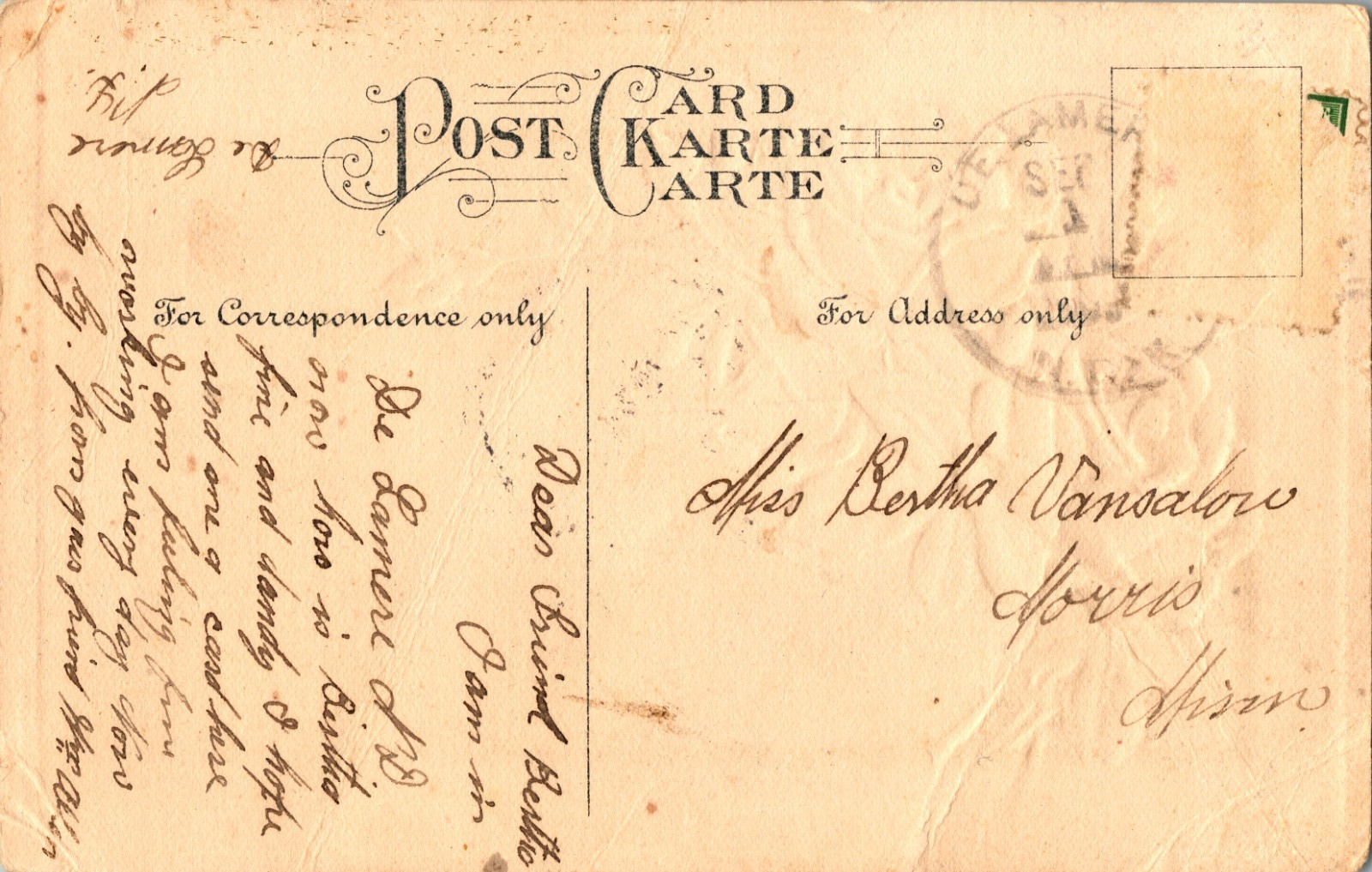 De Lamere North Dakota DPO Cancel Postal History Rose Postcard c1909 Stamp Gone
