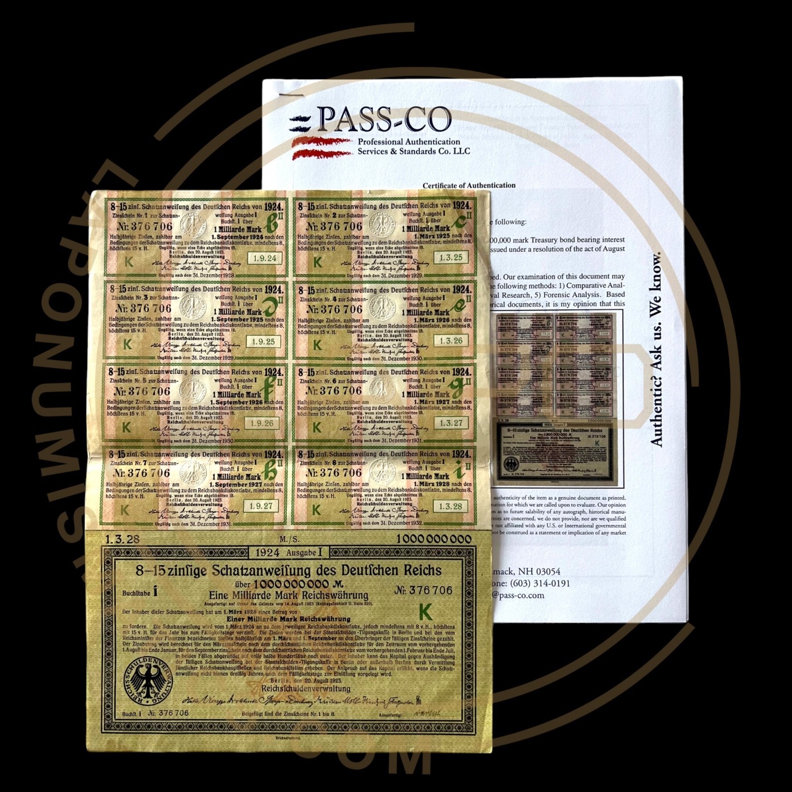 1924 1 BILLION German Marks Bond With Pass-Co COA