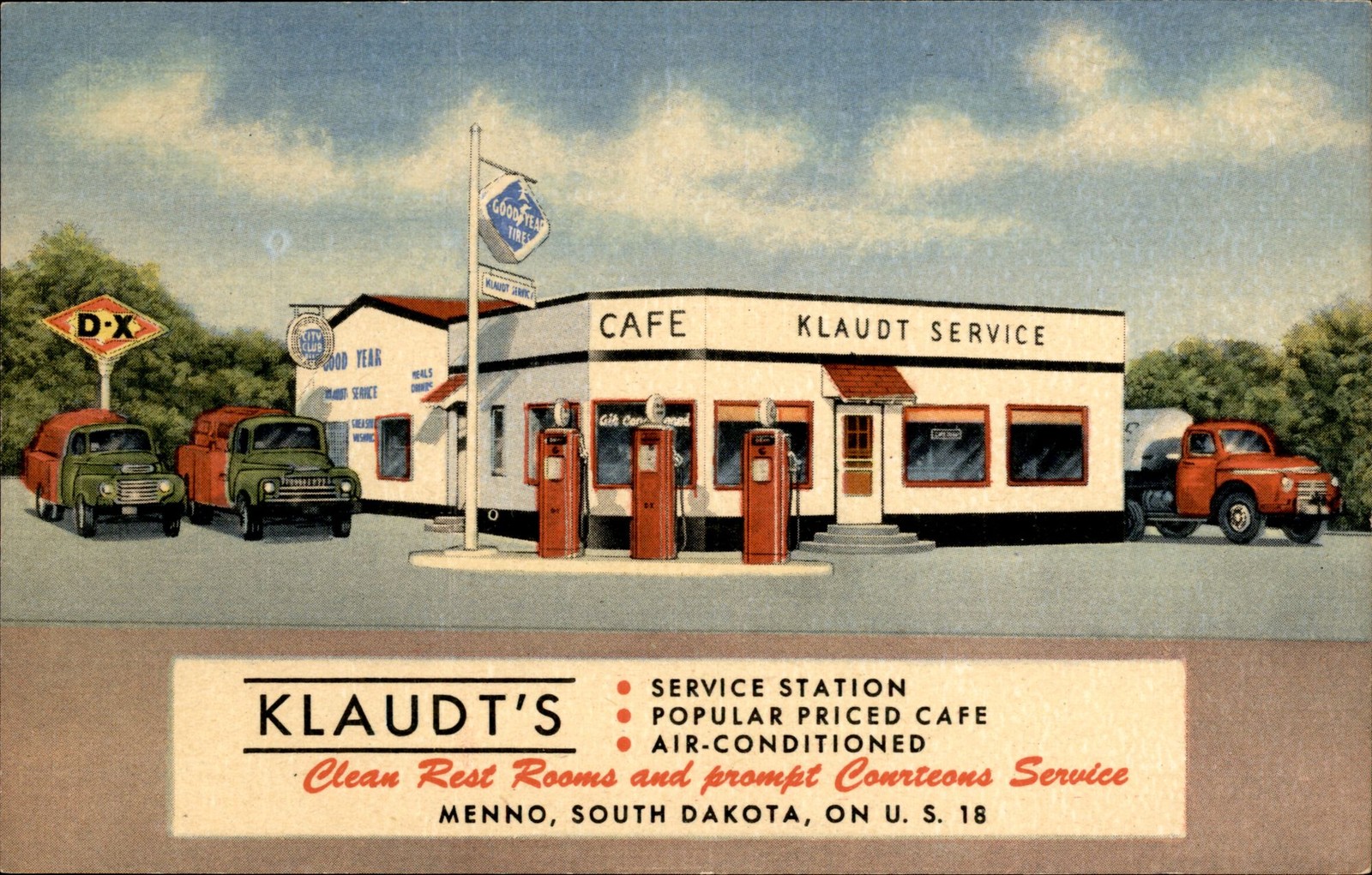 Vintage Linen Postcard Klaudt Service Station & Cafe Menno South Dakota U.S. 18
