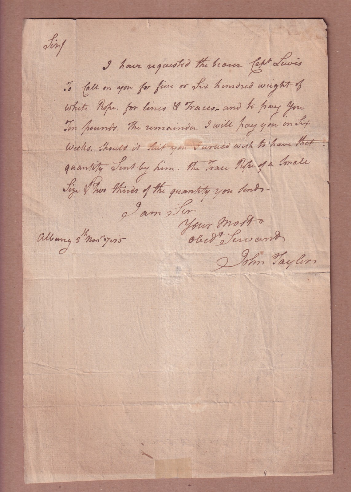 1785 letter - John Tayler - New York State Assembly & later 5th Governor of NYS