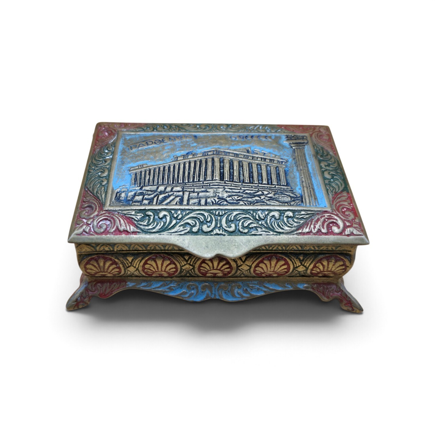 Vintage Enameled Brass Greek Souvenir Trinket Box Parthenon Temple of Zeus