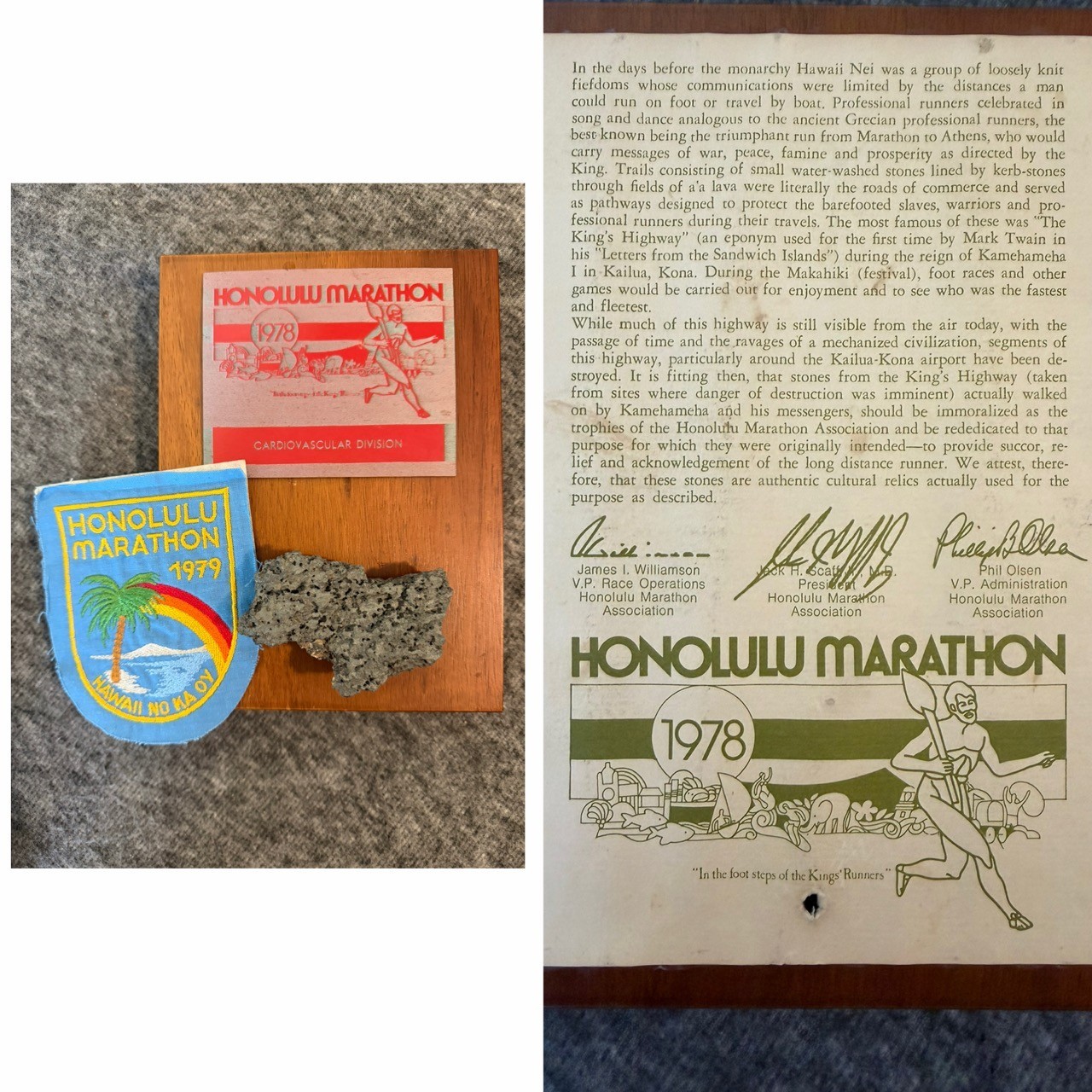 VTG HONOLULU HAWAII MARATHON 1978 AWARD w/KINGS HIGHWAY STONE + COA + 1979 PATCH